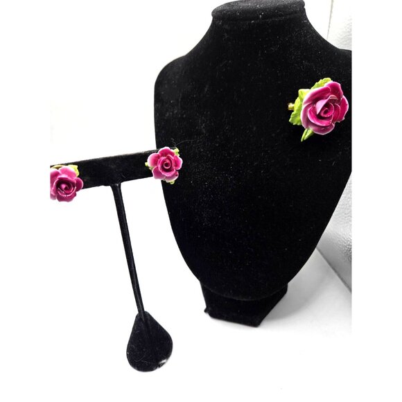 Rare Condition Bone China Rose Brooch Pin and Earrings Made in England Antique - Picture 7 of 10